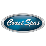 CoastSpas Ovales Logo von Coast Spas mit blauem Hintergrund und silbernem Rand.