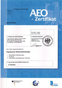 AEO-Zertifikat der Europäischen Gemeinschaft für Trans Global Logistics Europe GmbH, ausgestellt vom Hauptzollamt Darmstadt, gültig ab dem 21.05.2013.