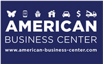 American Business Center Blaues Logo mit weißen Symbolen eines Schmetterlings, Handys, Geschenks, Hauses, Autos, Dollarzeichens und LKWs. Text: AMERICAN BUSINESS CENTER und Webseite www.american-business-center.com.