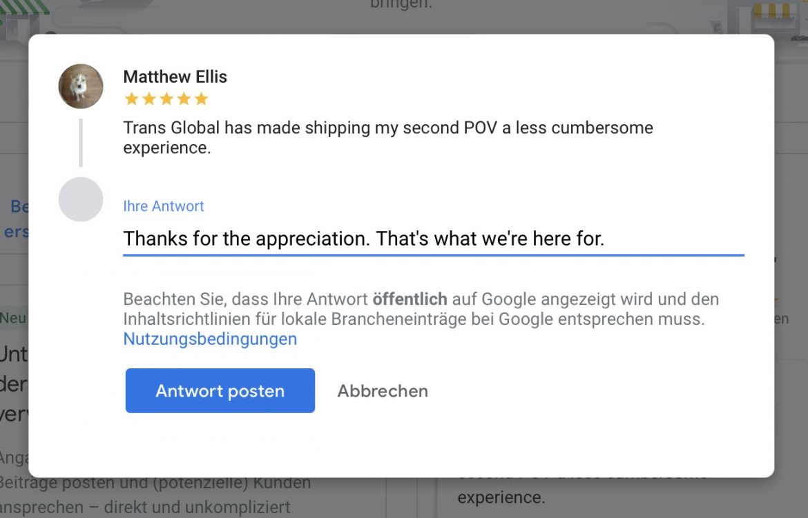 Eine Google-Rezension für Trans Global von einem Benutzer namens Matthew Ellis, der das Unternehmen für seine Versanddienste lobt. Darunter ein Bereich für eine öffentliche Antwort mit zwei Schaltflächen: Antwort posten und Abbrechen.