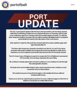 Ein Infobild mit dem Titel „Port Update“ vom Hafen von Baltimore. Der Text informiert über die Eröffnung eines 35-Fuß tiefen Kanals durch die U.S. Coast Guard vom 25. April bis 30. April, abhängig von Wetterbedingungen. Andere temporäre Kanäle bleiben verfügbar. Der U.S. Army Corps of Engineers plant die Wiedereröffnung des Hauptkanals Ende Mai. Dank an alle Partner und betroffene Familien.