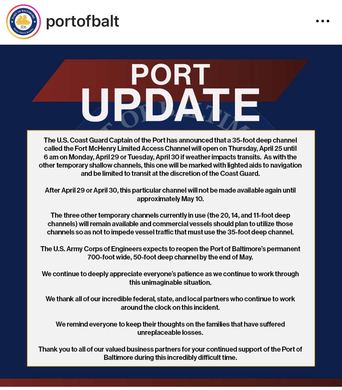 Ein Infobild mit dem Titel „Port Update“ vom Hafen von Baltimore. Der Text informiert über die Eröffnung eines 35-Fuß tiefen Kanals durch die U.S. Coast Guard vom 25. April bis 30. April, abhängig von Wetterbedingungen. Andere temporäre Kanäle bleiben verfügbar. Der U.S. Army Corps of Engineers plant die Wiedereröffnung des Hauptkanals Ende Mai. Dank an alle Partner und betroffene Familien.