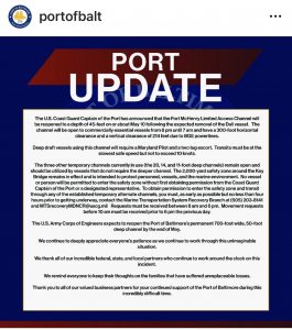 Ein Bild mit Informationen zum Port Update des Hafens von Baltimore, veröffentlicht von portofbalt. Der Text beschreibt, dass der begrenzte Zugangskanal Fort McHenry voraussichtlich um den 10. Mai wiedereröffnet wird, nach der Entfernung des Dali-Schiffs. Der Kanal wird bestimmte Bedingungen für tiefgehende Schiffe haben. Es wird um Geduld und Unterstützung während dieser Situation gebeten.