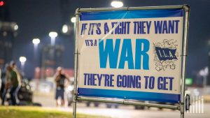 Ein Schild mit der Aufschrift If it's a fight they want, it's a war they're going to get mit dem Logo I.L.A. im Hintergrund.