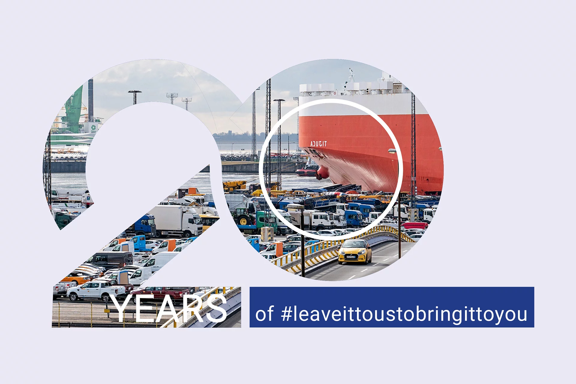 Zahl 20 aus Bildern von Schiffen und Fahrzeugen zusammengesetzt, mit dem Text 20 YEARS of #leaveittoustobringittoyou.