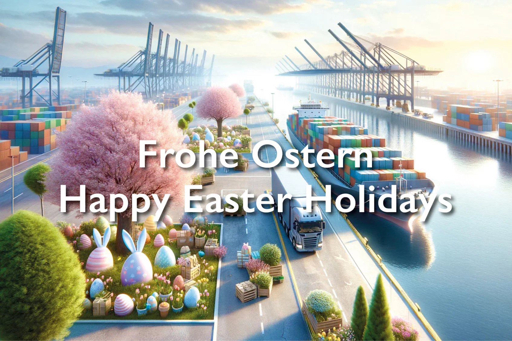 Hafenansicht mit Frachtschiff und Containern. Im Vordergrund dekorierte Osterlandschaft mit großen Eiern und Blumen, Kirschbäumen entlang der Straße. Text: „Frohe Ostern, Happy Easter Holidays“.